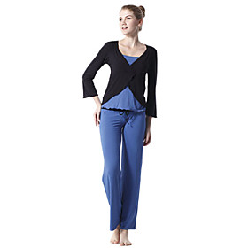 Environmental Protection Cotton Long Sleeve Tiered Sports Yoga Suit (Blue and Black Tops Blue Pants)