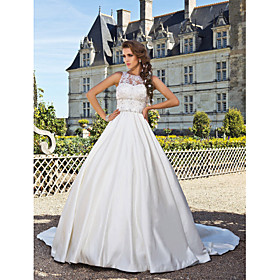 Ball Gown Jewel Chapel Train Satin Wedding Dress
