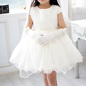 A-line Short Sleeve Mini length Tulle   Chiffon Flower Girl Dress With Pearls