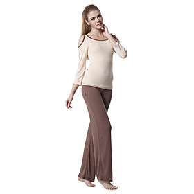 Japannes Cotton Long Sleeve Off-shoulder Sports Yoga Suit (Light Yellow Tops Brown Pants)