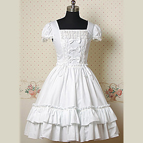 Short Sleeves Knee-length White Cotton Classic Lolita Dress with Lace