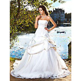 Ball Gown Strapless Chapel Train Satin Pick-up Wedding Dress