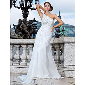 Sheath/Column One Shoulder Sweep/ Brush Train Chiffon Wedding Dress