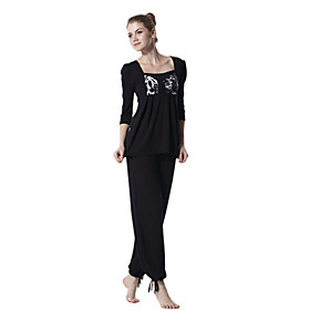 Environmental Protection Cotton Long Sleeve Pattern Sports Yoga Suit (Black Tops Black Pants)