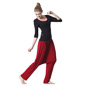 Environmental Protection Cotton Long Sleeve Simple Sports Yoga Suit (Black Tops Red Pants)