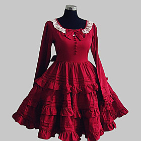 Long Sleeve Knee-length Red Cotton Sweet Lolita Dress