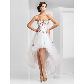 A-line Sweetheart Asymmetrical Short/Mini Tulle Evening Dress With Flower(s)