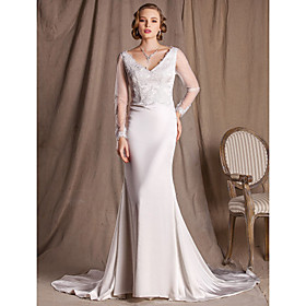 Sheath/Column V-neck Court Train Lace And Satin Wedding Dress
