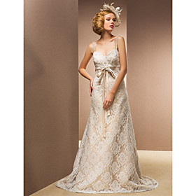 Sheath/Column Sweetheart Sweep/Brush Train Lace And Satin Wedding Dress