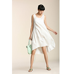 AMII Sleeveless Irregular Hem Embroidery Linen Dress(More Colors)