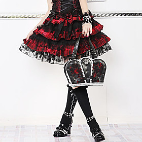 Short Check Pattern Cotton Floral Lace Trim Gothic Lolita Skirt(66-80CM)(2 Colors)