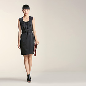 AMII OL Style Sleeveless Solid Color Self Dress with Belt(More Colors)