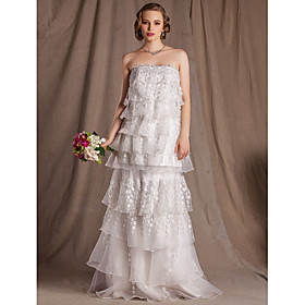 Sheath/Column Strapless Floor-length Lace And Organza Wedding Dress