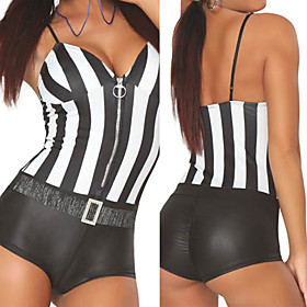 Sexy Girl Black and White Striped Polyester Zip-up Sexy Uniform