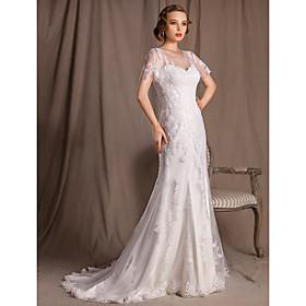 Trumpet/Mermaid Bateau Sweep/Brush Train Lace And Satin Wedding Dress
