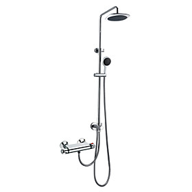 Chrome Finish Contemporary Thermostatic Wall Mount Shower Faucet with 8 Inch Shower Head and Hand Shower