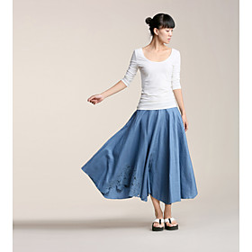 AMII Solid Color Cut Out Embroidery Swing Linen Skirt(More Colors)