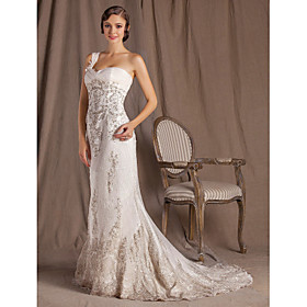 Sheath/Column One Shoulder Sweep/Brush Train Lace Wedding Dress