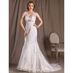 A-line Princess V-neck Court Train  Lace Satin And Tulle Wedding Dress