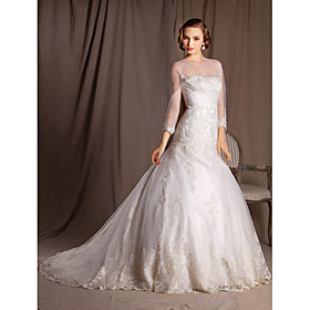 Ball Gown Trumpet/Mermaid Bateau Chapel Train Lace And Satin Wedding Dress