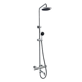 Thermostatic Contemporary Chrome Finish Wall Mount Shower Faucet with 8 Inch Shower Head and Hand Shower
