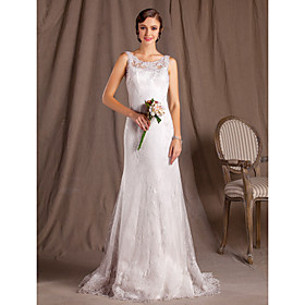 A-line Princess Jewel Court Train  Lace Satin And Tulle Wedding Dress