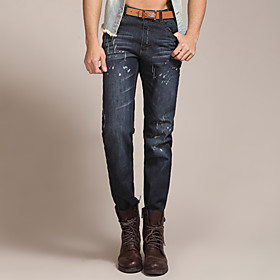 FUNSUNG Men's Trendy Fall/Winter Blue Straight Slim Fit Jeans