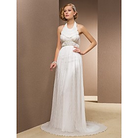 Sheath/Column Halter Sweep/Brush Train Chiffon And Stretch Satin Wedding Dress
