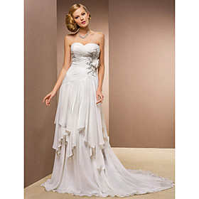 Sheath/Column Sweetheart Court Train Chiffon And Stretch Satin Wedding Dress