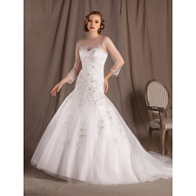 Trumpet/Mermaid Bateau Chapel Train Lace And Satin Wedding Dress