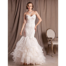 Trumpet/Mermaid Sweetheart Court Train Lace Organza And Satin Wedding Dress
