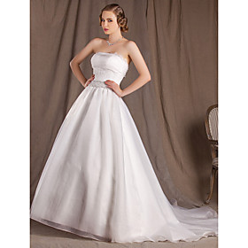 Ball Gown Strapless Court Train Lace Organza And Satin Wedding Dress