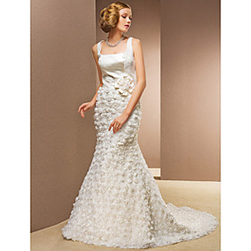 Sheath/Column Square Court Train Lace And Organza Wedding Dress