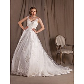 Ball Gown V-neck Chapel Train Lace And Satin Wedding Dress