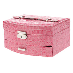Elegant Pink PU Leather 2-Layers Jewelry Storage Box with Lock