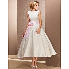 Ball Gown Bateau Tea-length Satin Wedding Dress