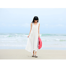 AMII Sleeveless Cut Out Embroidery Irregular Hem Ramie Dress(More Colors)