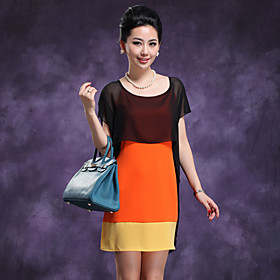 DIARY BEST Elegant Mesh Splicing Color Block Side Zipper Dress