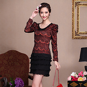 DIARY BEST Round Collar Bead Chain Decor Lace Slim Dress