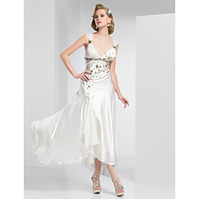 A-Line V-neck Ankle-Length Satin Evening Dress
