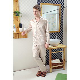 NAISOOK Men's Pure Color Silk Like Long Sleeve Pajamas Set