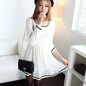 JANE FANS Round Collar Long Sleeve Lace A-Line Dress (White)