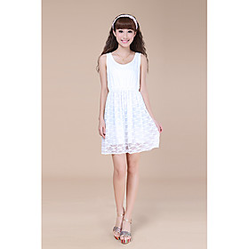 W.Rain Women'S White Round Neck Lace Cotton Cut Out Solid Short Dress 13403