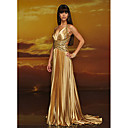 Empire Straps Chapel Train Taffeta Gold Prom / Evening Dress