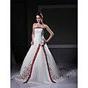A-line Strapless Sleeveless Organza Satin Chapel Train Wedding Dress