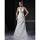 Trumpet / Mermaid Spaghetti Straps Court Train Satin Wedding Dress with Crystal Empire