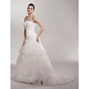 A-line Strapless Court Train Satin Organza Tiered Wedding Dress (wsw0553)