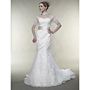 Trumpet / Mermaid Off-the-shoulder Chapel Train Satin Lace Wedding Dress