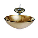 Ronda De La Victoria De Oro Del Fregadero Recipiente De Vidrio Templado Con El Grifo Cascada, El Anillo De Montaje Y El Drenaje De Agua (0917-vt4042)