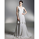 A-line V-neck Chapel Train Chiffon Wedding Dress With Luxury Beaded Appliques